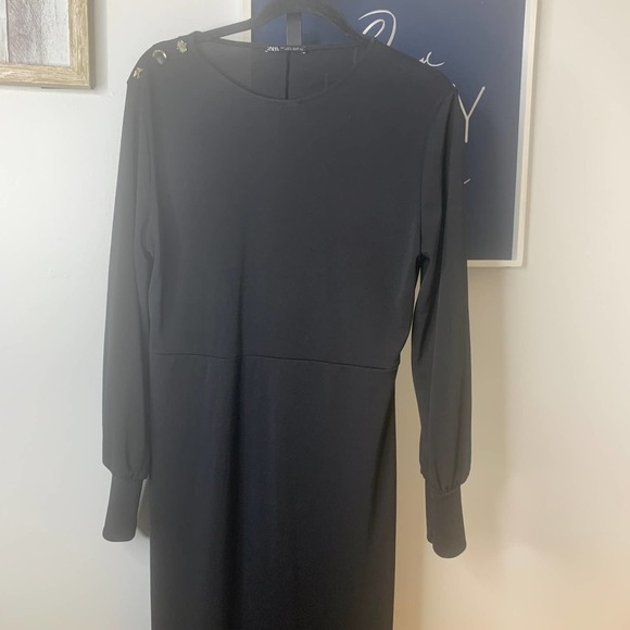 ZARA‎ Womens Dress Size Large Black Long Sleeves Bird Leaf Button Details - Picture 2 of 6